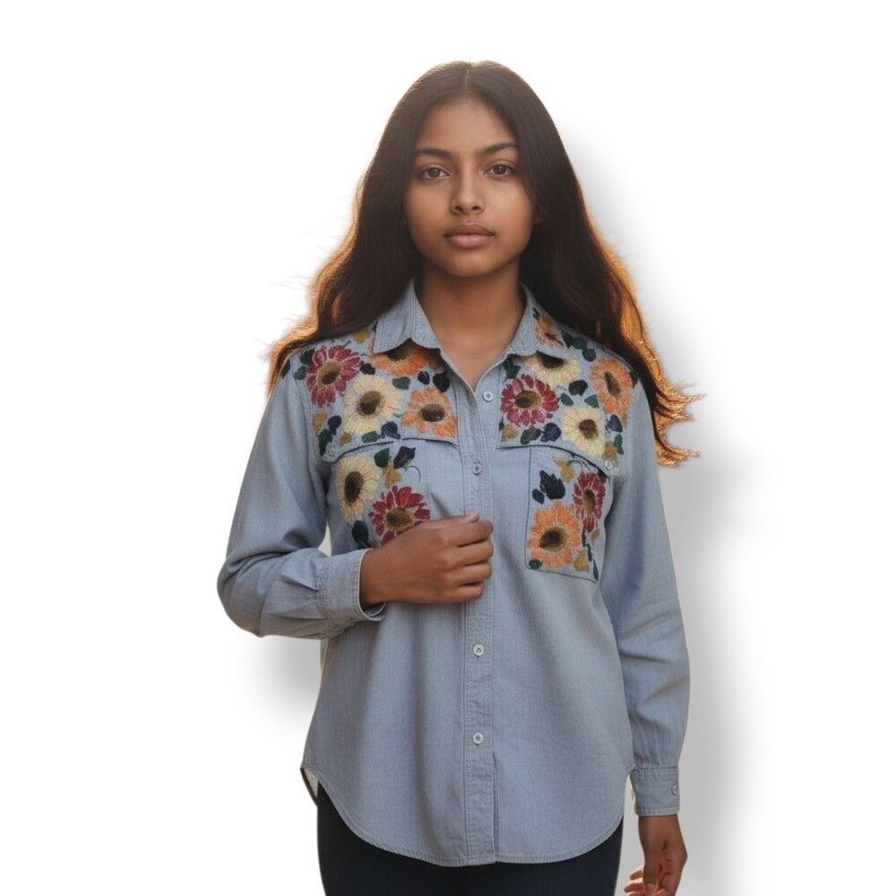 Vintage Cricket By The Creek Hand Painted Floral Button Down Shirt Size Small